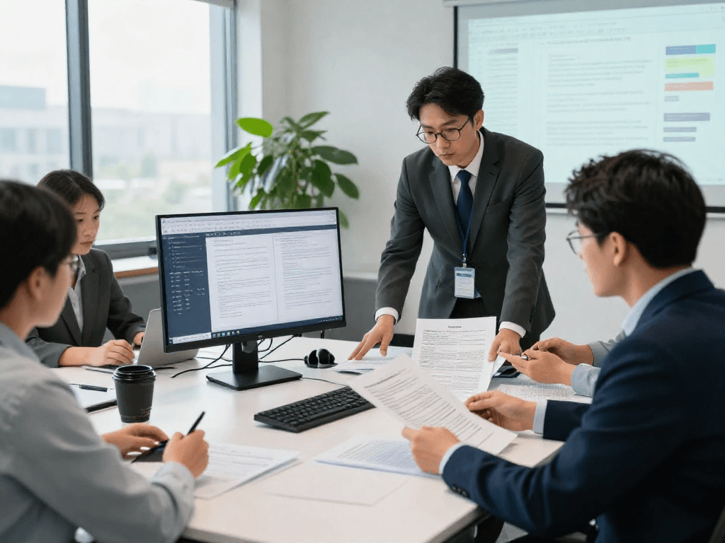 Compliance officer engaged in document fraud detection analysis reviewing data in modern office environment.