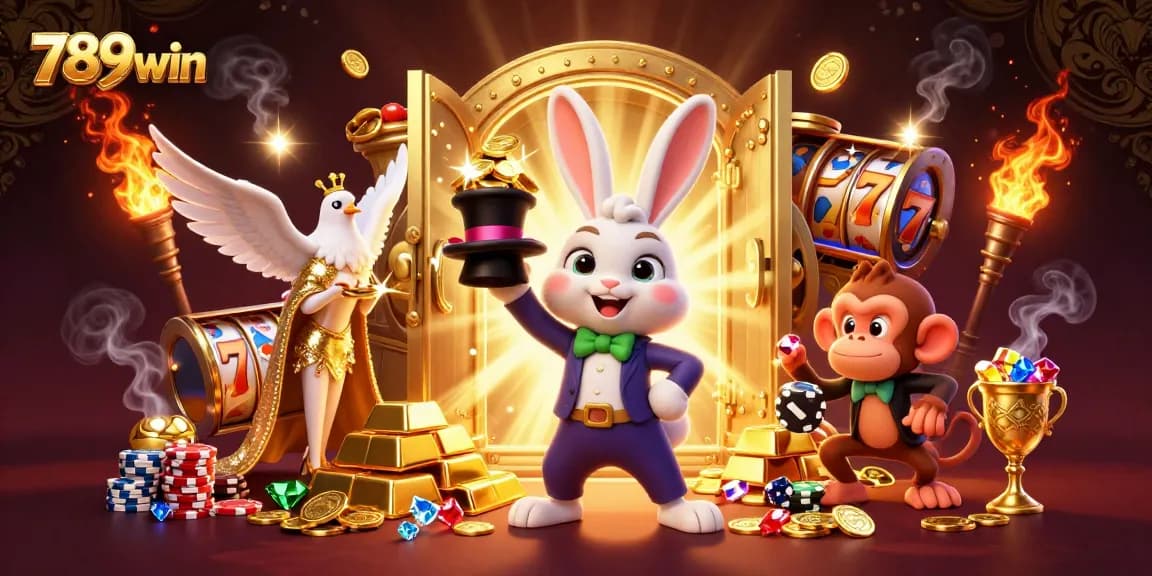 Experience the magic of 789win with a dazzling 3D illustration featuring casino themes of golden treasures and slot symbols.