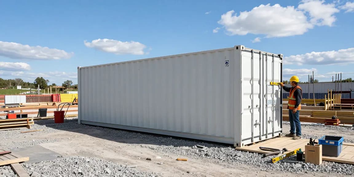 Container aufstellen Fundament auf einem ideal vorbereiteten Kiesfundament durch Bauarbeiter, Werkzeug und Ausrüstung sichtbar.