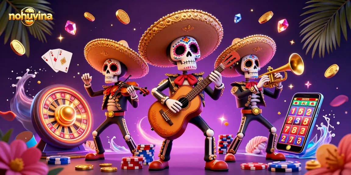 Experience the vibrant world of nohuvina with a rich casino scene featuring mariachi skeletons and sparkling treasures.