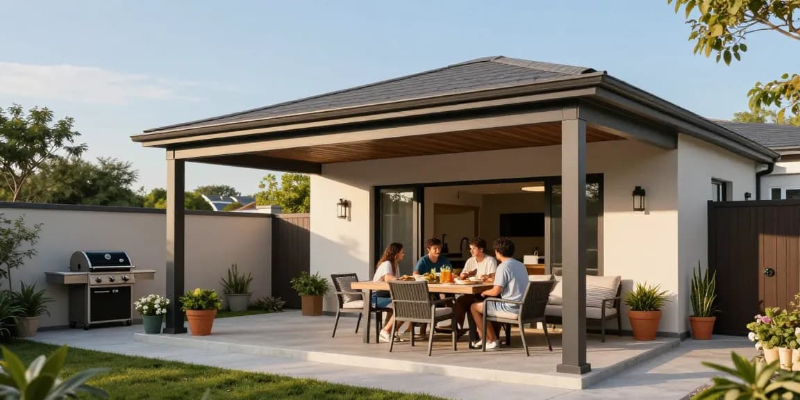 Wunderbare freistehende Terrassenüberdachung mit Familie beim Essen im Garten