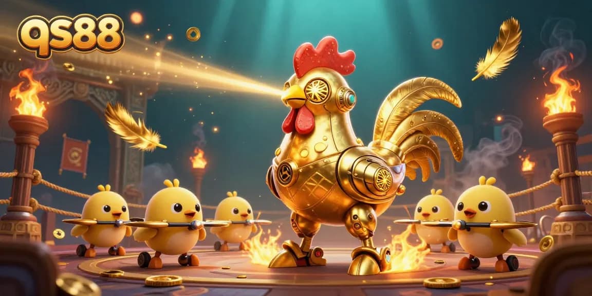 Experience excitement with qs88 in a dynamic 3D cartoon gambling scene featuring a golden rooster and drones.