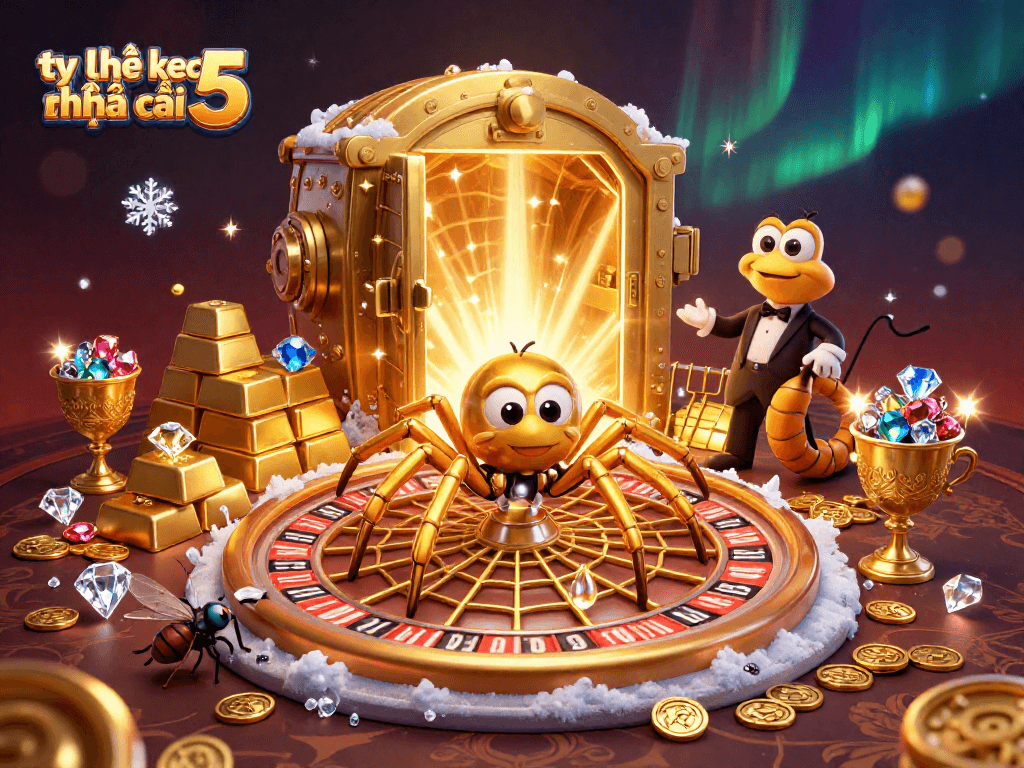 Engage with tỷ lệ kèo nhà cái 5 as a golden spider spins an enticing roulette wheel web in this casino scene.