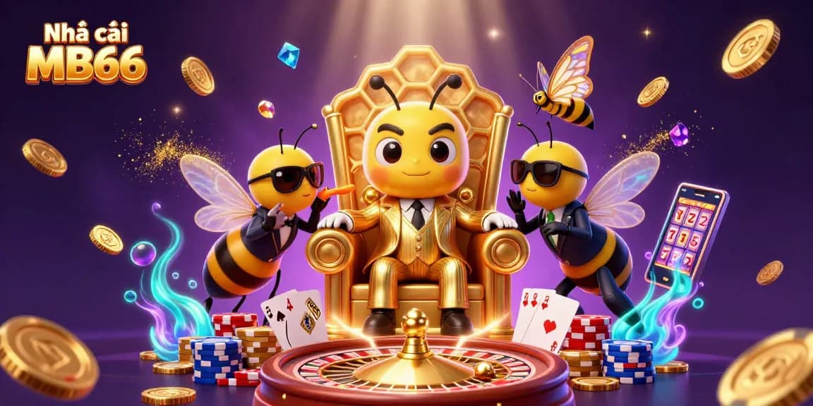 Experience thrilling action with Nhà cái MB66's cartoon bumblebee mob boss amid dynamic casino elements.