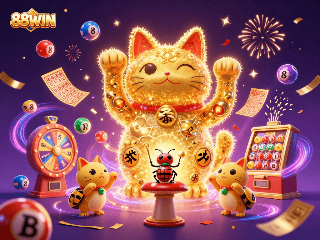 Experience the magic of 88WIN with a dynamic golden lucky cat surrounded by vibrant casino elements.