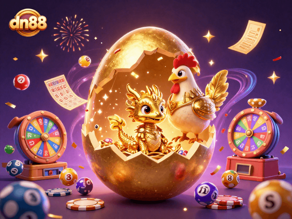 Experience the thrill at dn88 with a giant golden egg revealing a dragon on poker chips.