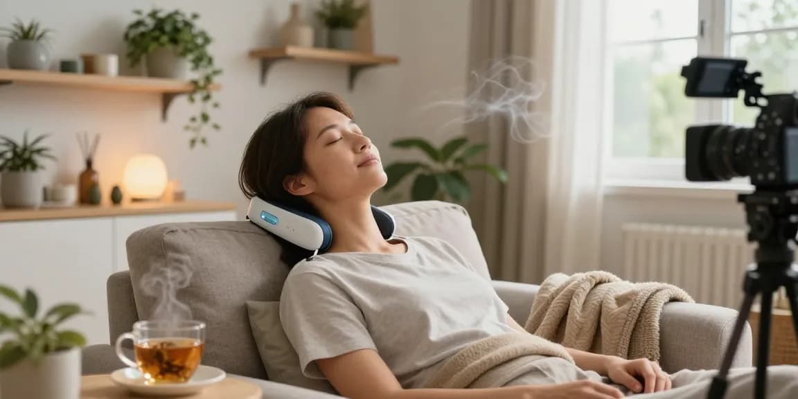 Relaxing scene with a user applying a Vagusnervstimulation gerät for stress relief and tranquility.