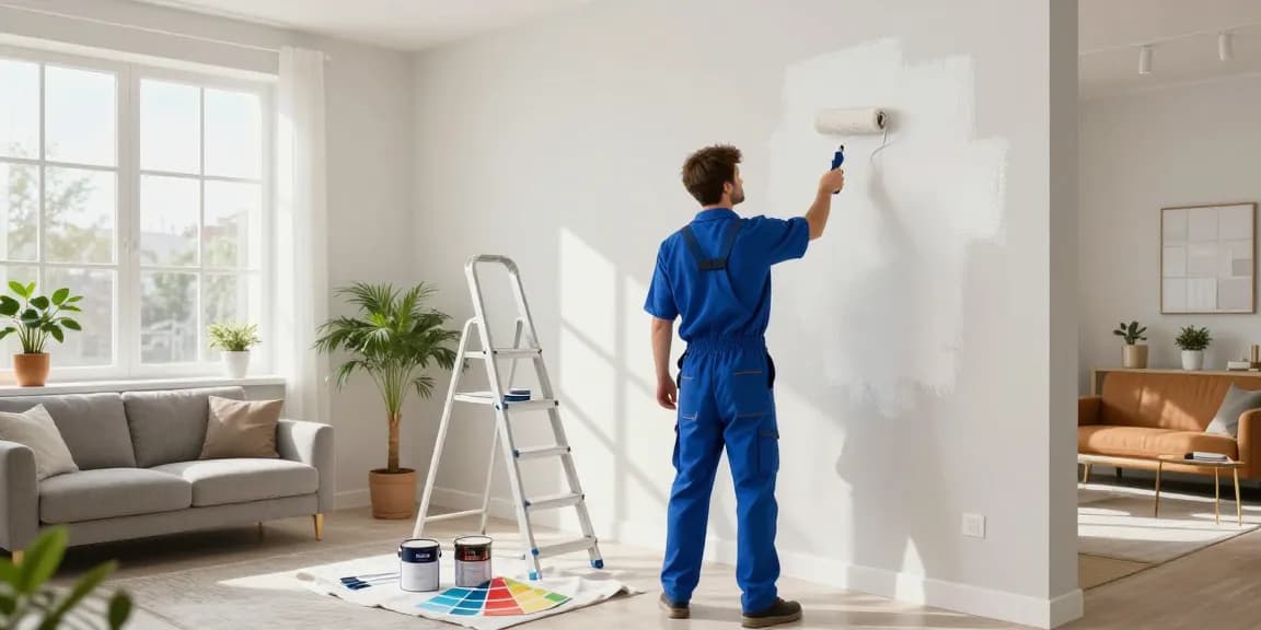 Maler Heidelberg bei der Arbeit in einem modernen Wohnzimmer mit frischer Farbe.