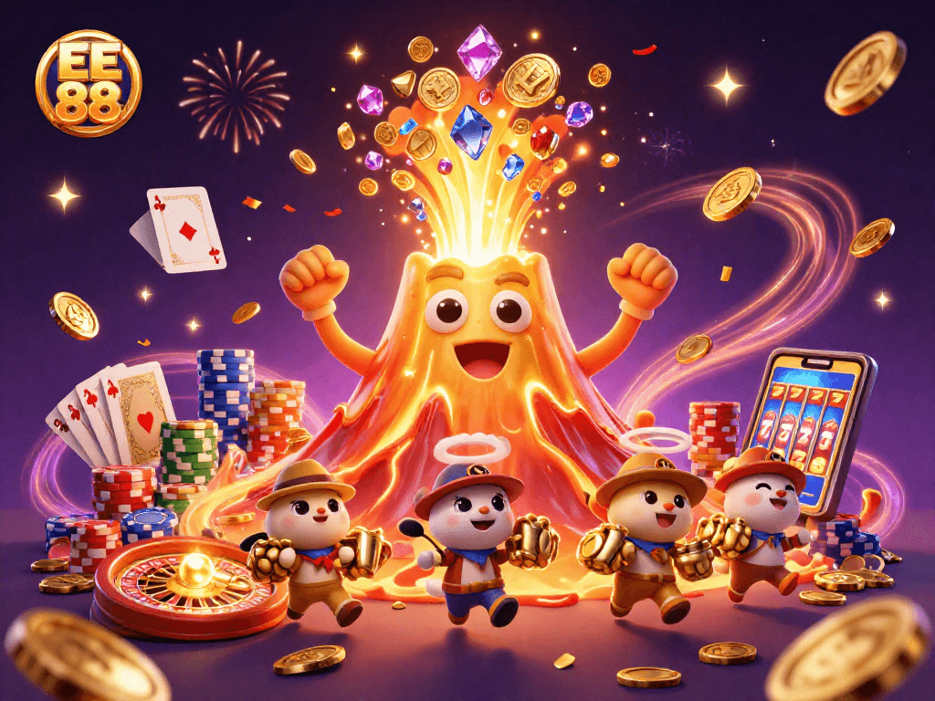 Win big with EE 88 as the golden volcano erupts coins and treasures in a vibrant casino scene.