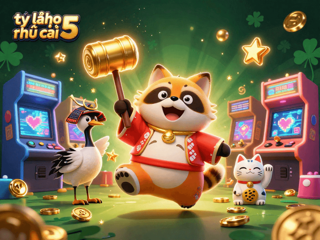 Experience the excitement of tỷ lệ kèo nhà cái 5 with a lively 3D illustration of tanuki and fortune cats.