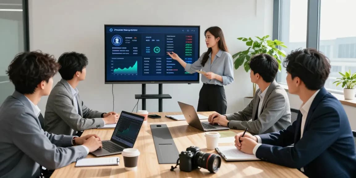 Innovatives Business-Meeting über den Krypto-Zahlungsgateway mit Team, Laptops und Finanzstatistiken.