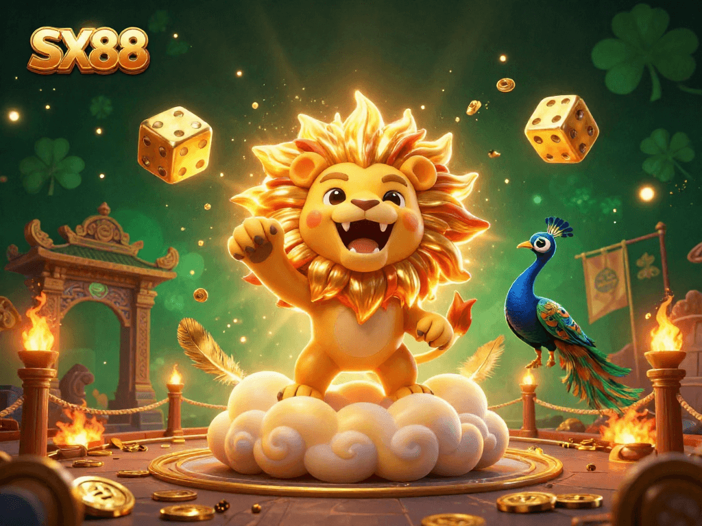 SX88 players enjoy a vibrant casino atmosphere with golden dice and a roaring lion illustration.