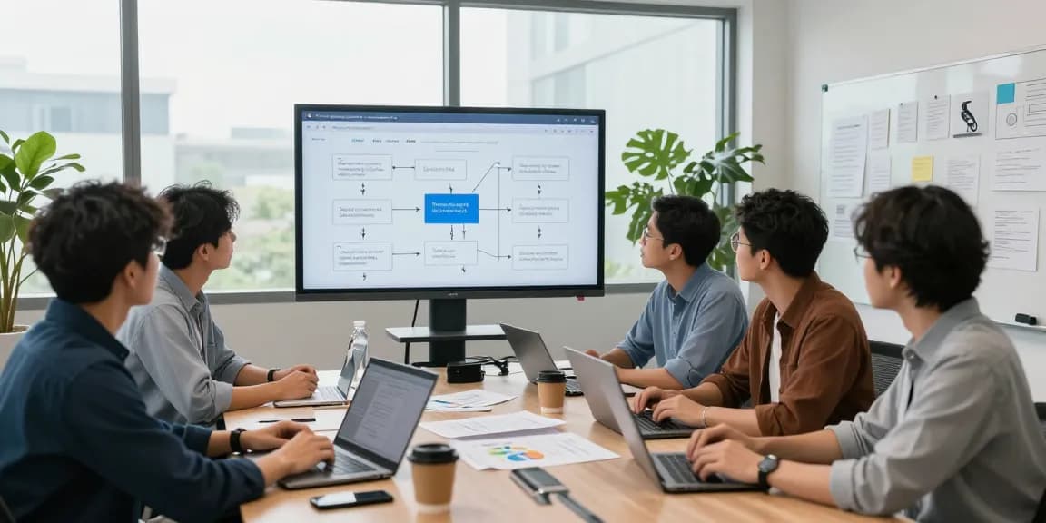 Build internal tools with AI by collaborating in a tech workspace, showcasing a diverse team planning on a workflow diagram.