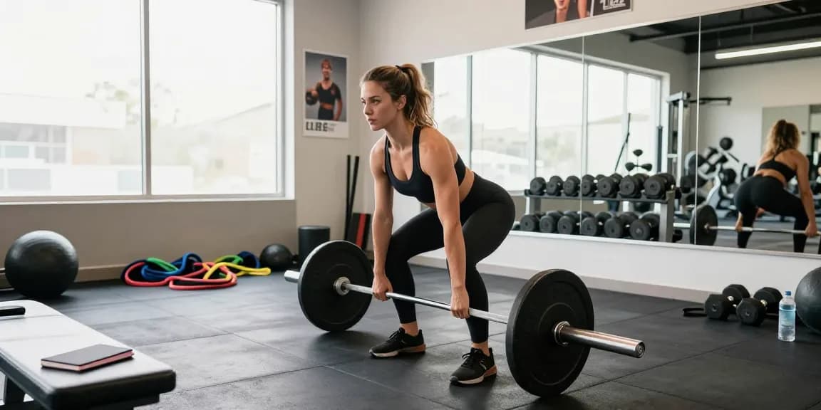 Prime Pharma Steroide Trainingsszene mit Athlet, der im modernen Fitnessstudio Kreuzheben macht.
