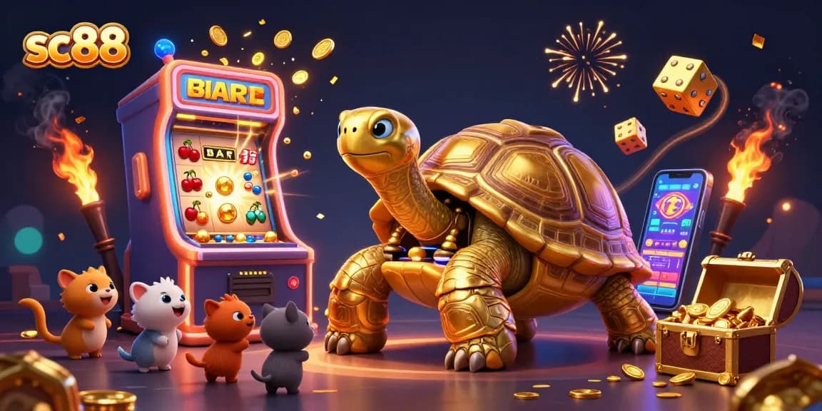 Experience the excitement at sc88 with a vibrant cartoon scene featuring a golden tortoise slot machine and a jackpot explosion.