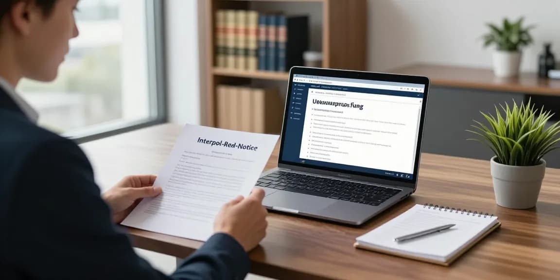 Professionelle Anwältin bei der Interpol-Red-Notice-Überprüfung in Kanzlei mit Dokumenten und Laptop.