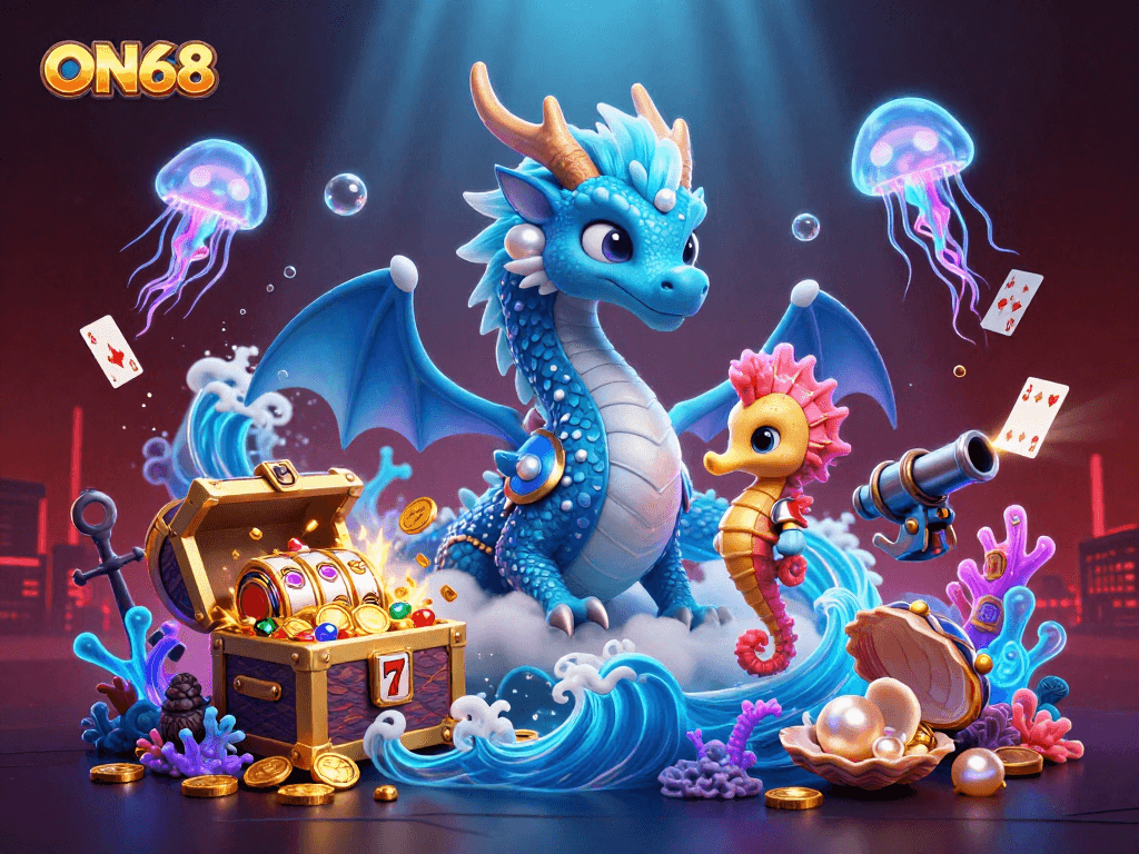 Experience the excitement of ON68 with a 3D dragon, seahorse knight, and vibrant gaming elements.