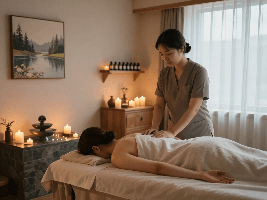 안양출장안마 massage service in a calming massage studio with essential oils and natural lighting