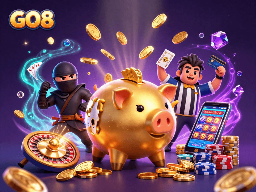 Watch GO8's golden piggy bank sumo wrestler unleash coins in this action-packed illustration!
