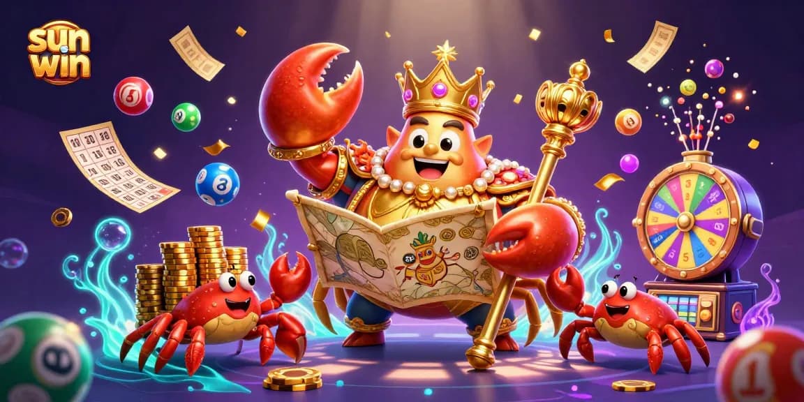Engage in thrilling gameplay at sun win featuring a golden crab emperor amid vibrant lottery elements.