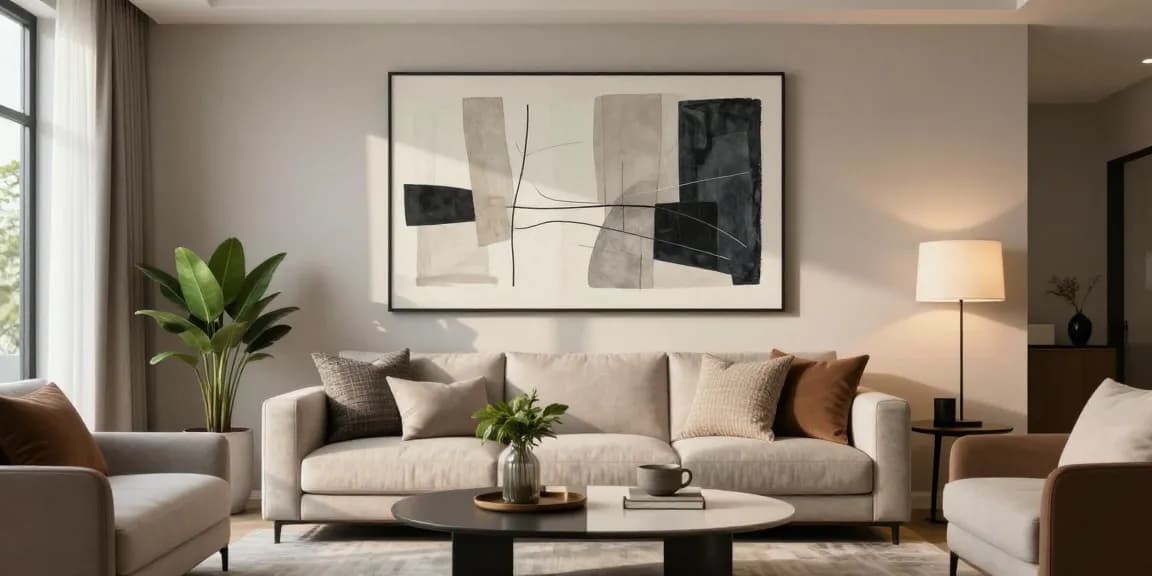 Moderne Wandbilder in stilvollem Wohnzimmer mit natürlichem Licht und minimalistischem Design.