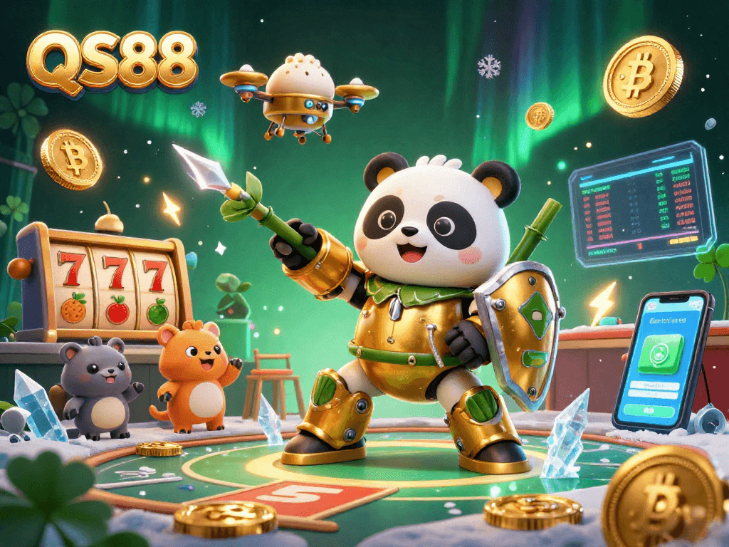 Engage in thrilling casino action at QS88 with vibrant 3D elements amidst a lively gaming arena.