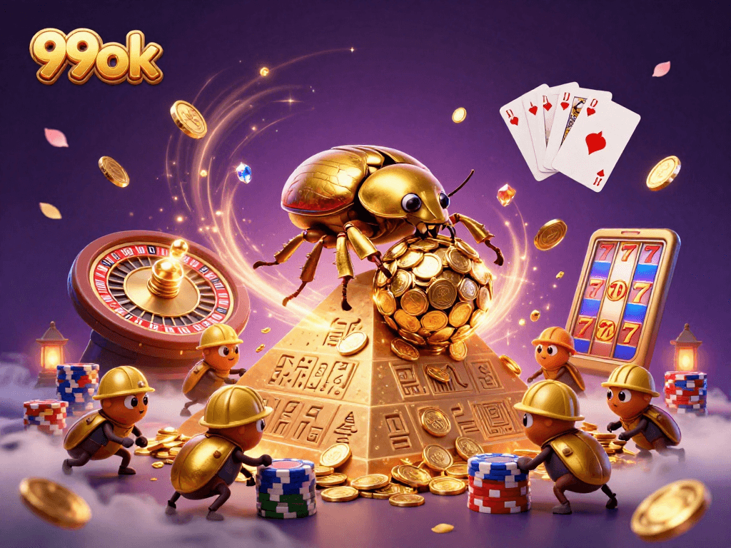 Experience thrilling wins with 99ok: fun cartoon beetles rolling coins up a pyramid in a vibrant casino scene.