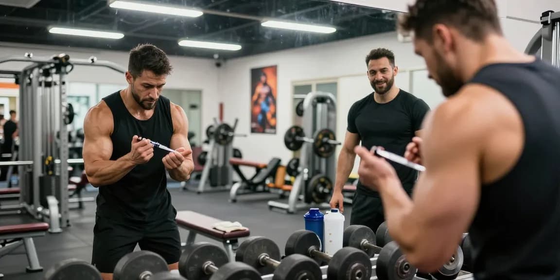 Anabolika Shop - Bodybuilder demonstriert sichere Injektionstechnik in einer lebhaften Fitnessumgebung, umgeben von Gewichten und Proteinshakern.