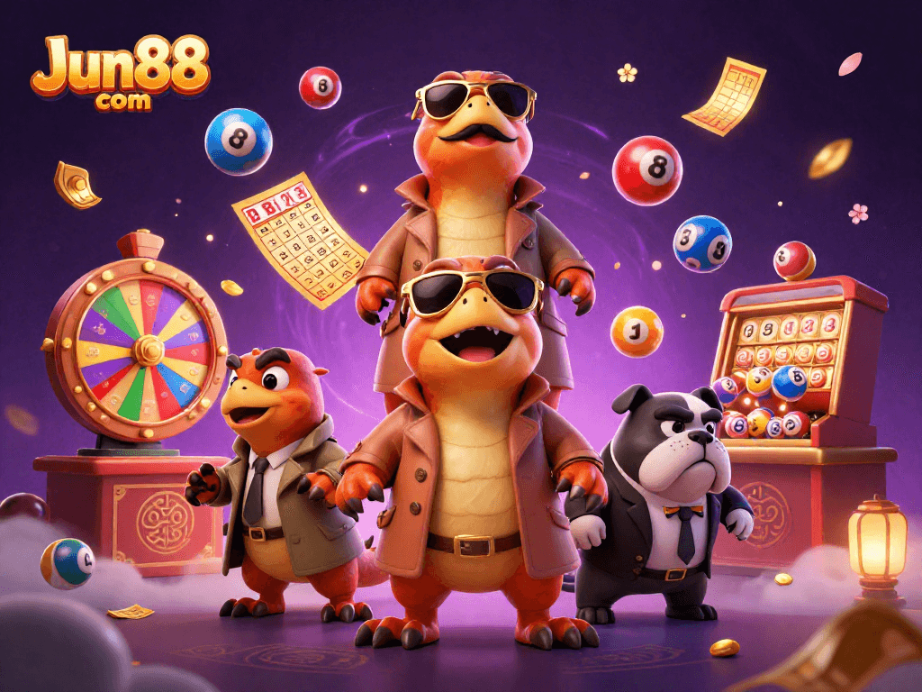 Experience the excitement of Jun88 com with raptors in a trench coat and cartoon elements in a casino.