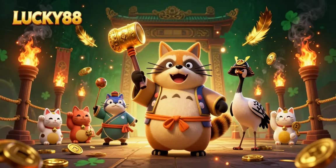 LUCKY88 shows cheerful tanuki and samurai crane in a vibrant casino scene with golden elements.