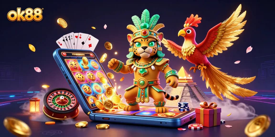Engage with ok88's vibrant 3D Mayan priest scene, showcasing captivating casino elements.