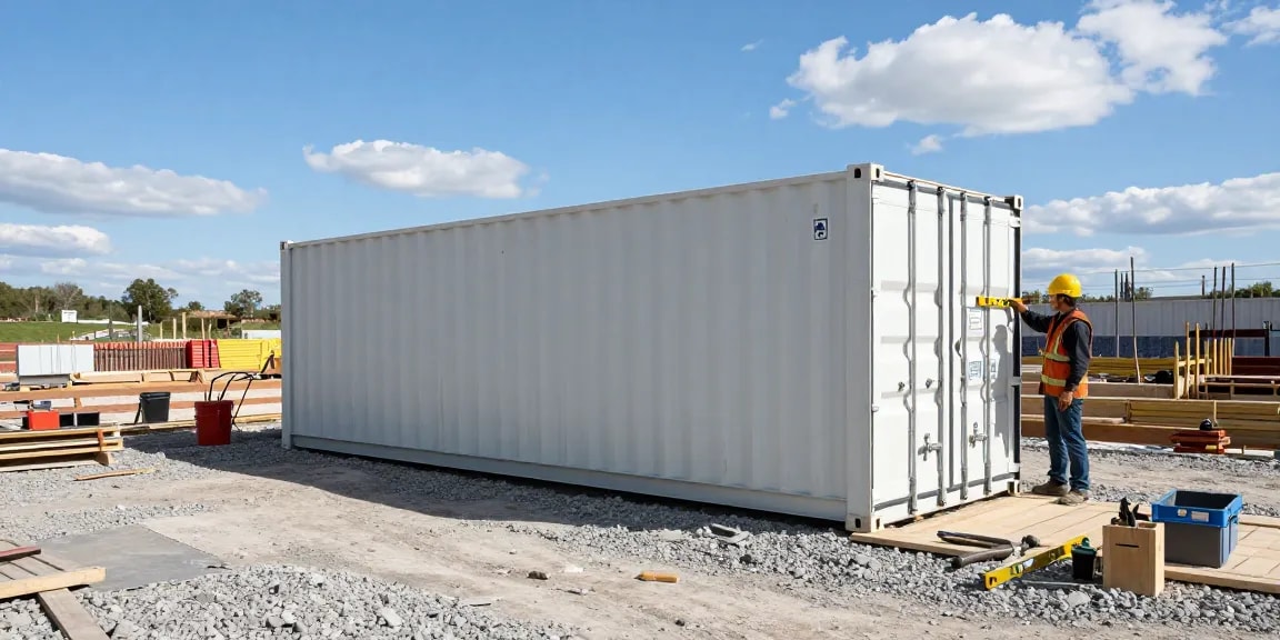 Container aufstellen Fundament auf einem ideal vorbereiteten Kiesfundament durch Bauarbeiter, Werkzeug und Ausrüstung sichtbar.