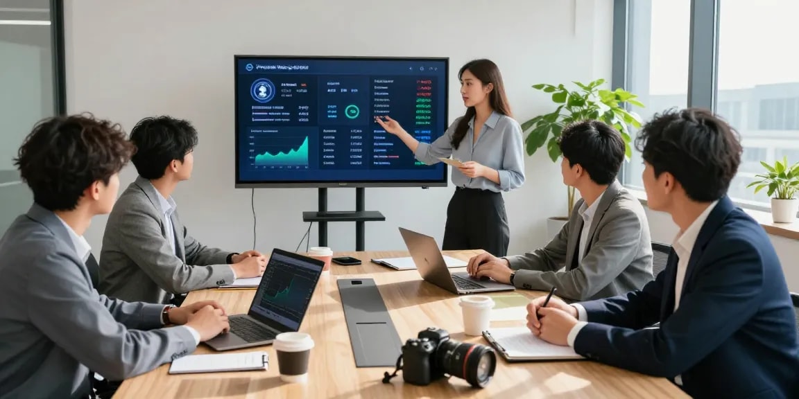 Innovatives Business-Meeting über den Krypto-Zahlungsgateway mit Team, Laptops und Finanzstatistiken.