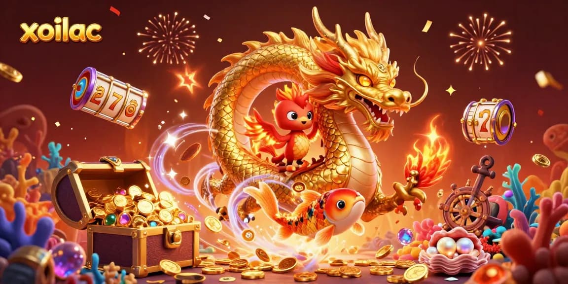 Experience the excitement of xoilac games with a vibrant dragon and phoenix in 3D illustration.