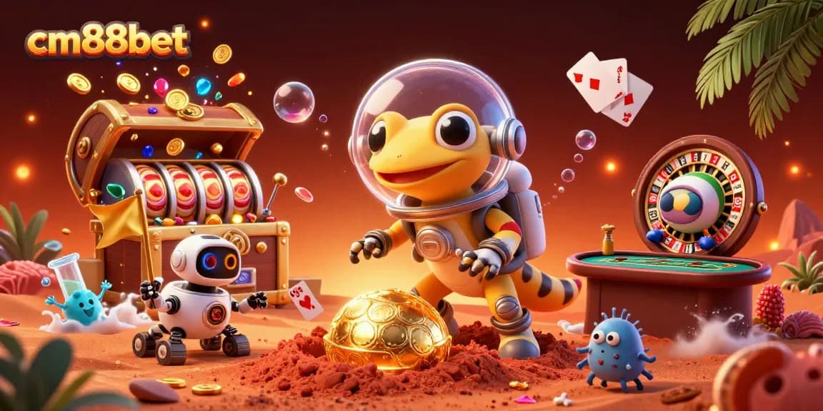 Engage with the vibrant world of cm88bet, where animated characters explore a golden casino filled with exciting games and treasures.