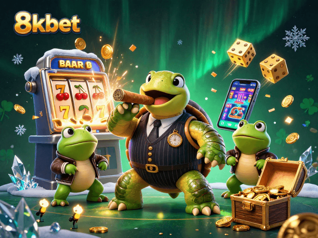 Engage with 8xbet's vibrant casino scene featuring a snapping turtle and bullfrog enforcers surrounded by exciting game elements.