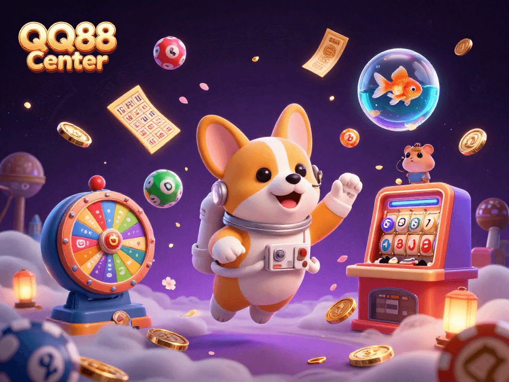 Engage in the QQ88 Center universe with vibrant 3D casino characters amidst swirling magical energy.