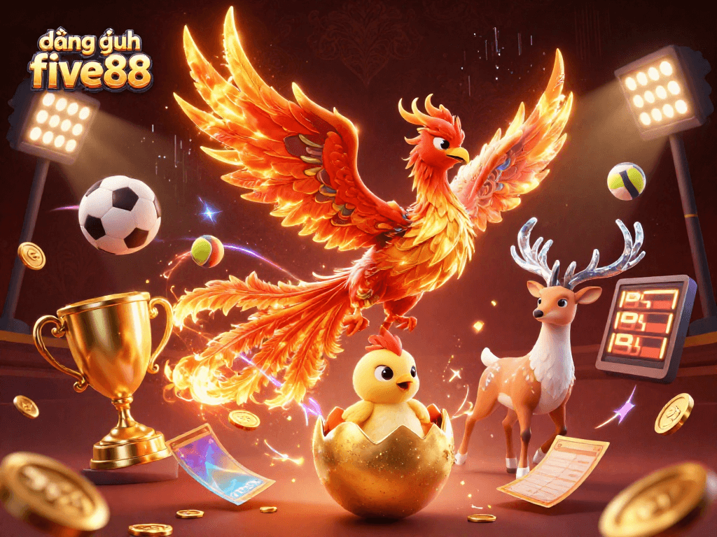 Witness the thrilling action of đăng nhập five88 with vibrant characters, sports elements, and a captivating casino atmosphere.