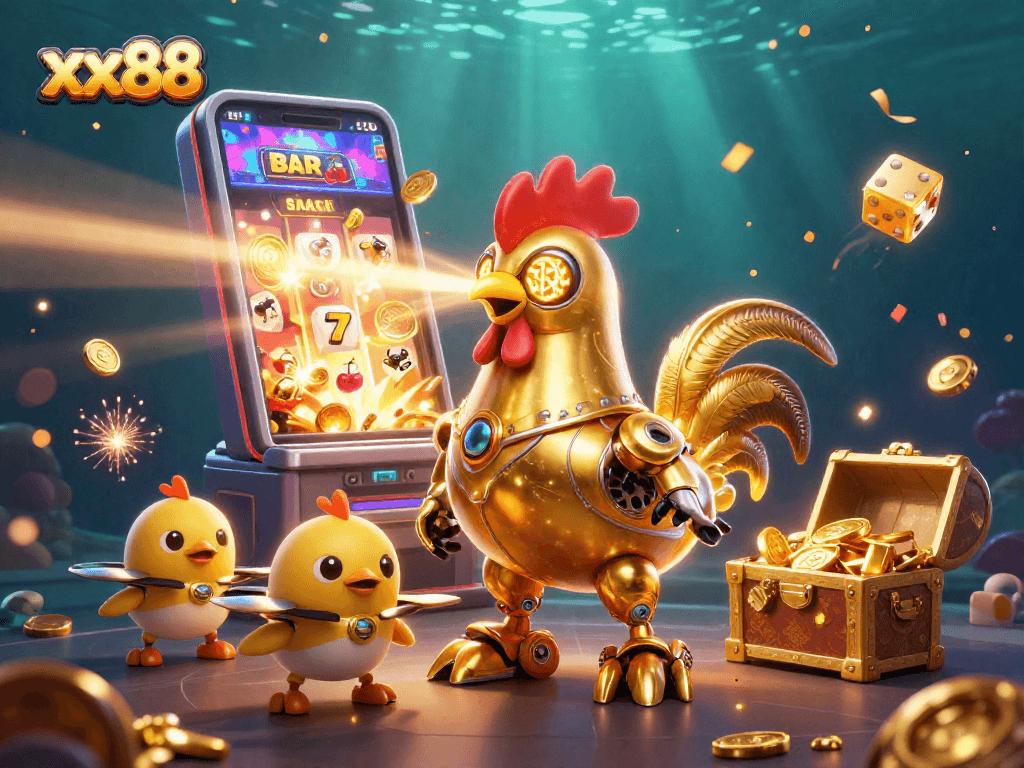Engage with xx88’s explosive jackpot features, highlighted by golden coins and vibrant casino symbols.