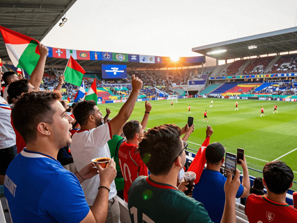 Fans während der Fußball WM 2026 im Stadion, jubelnd und in Nationaltrikots, feiern in einer lebhaften Atmosphäre.