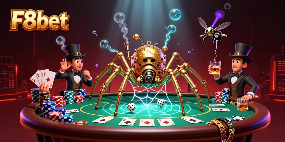 Play and win at F8bet with a dynamic poker table scene featuring steampunk elements.