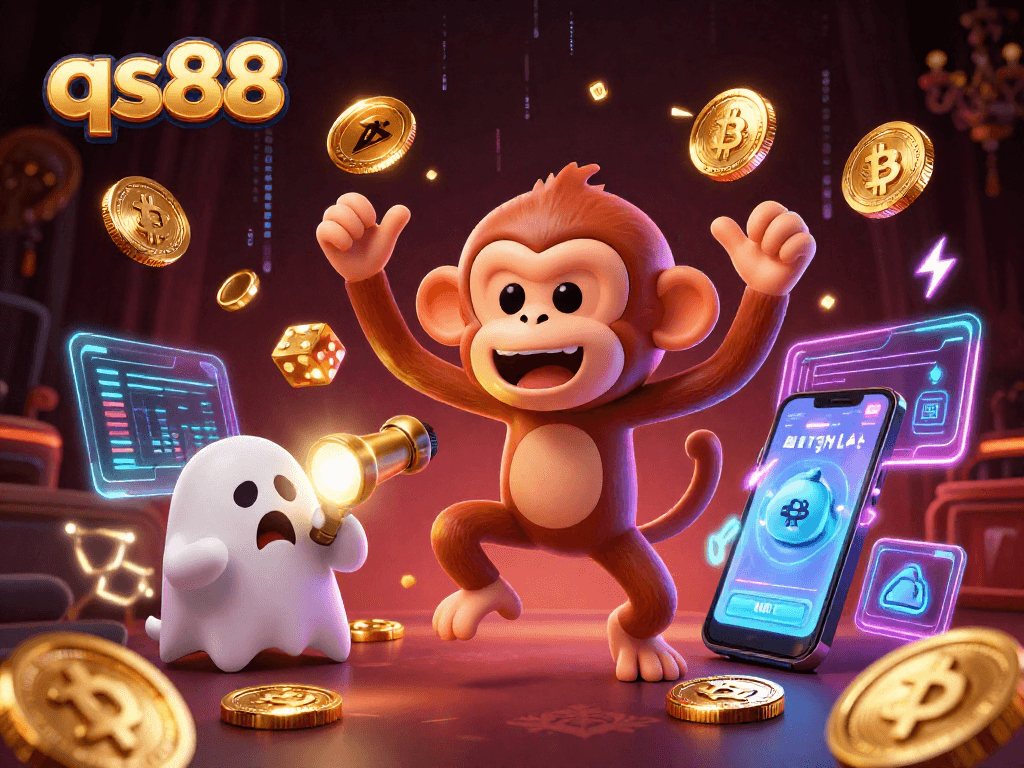 qs88 showcases playful characters in a haunted casino environment with vibrant crypto elements.