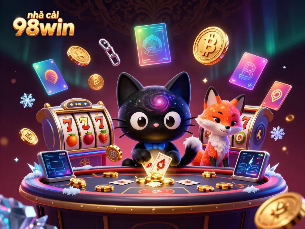 Engage with nhà cái 98win at an exciting cosmic casino table featuring playful characters and vibrant game elements.
