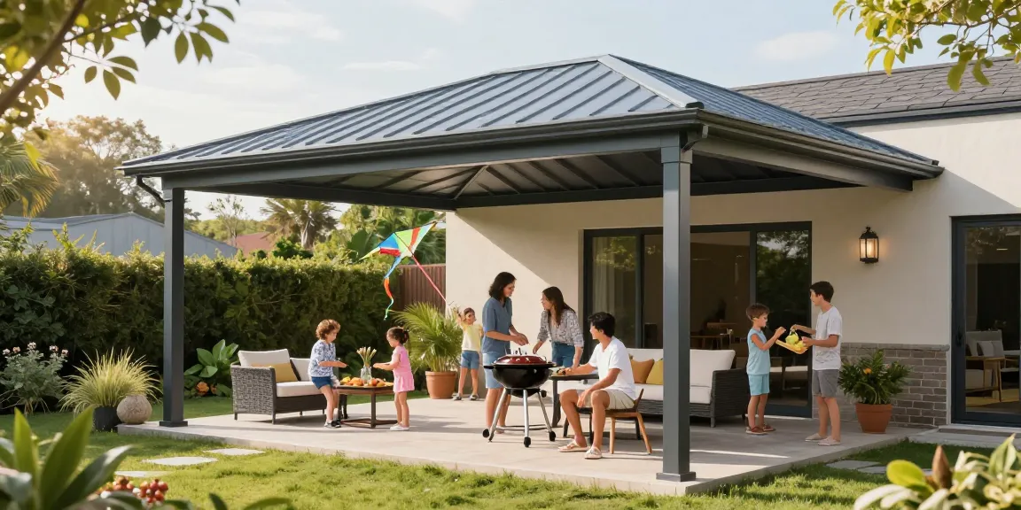 Familie genießt eine Terrassenüberdachung im Garten bei einem BBQ.