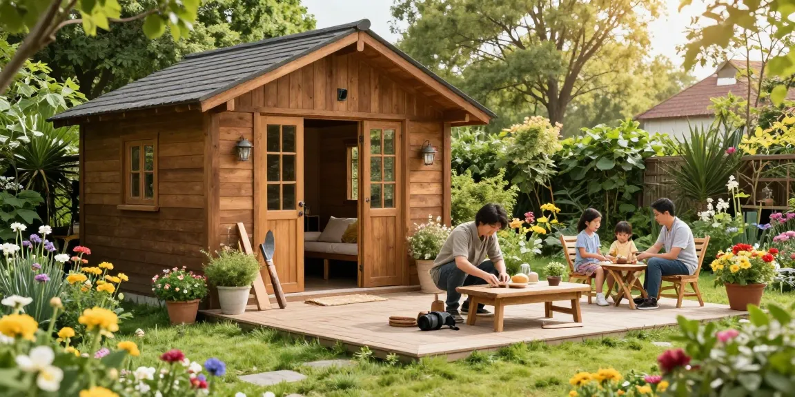 Ein Gartenhaus umgeben von Blumen und Pflanzen, während eine Person Gartenmöbel zusammenstellt.