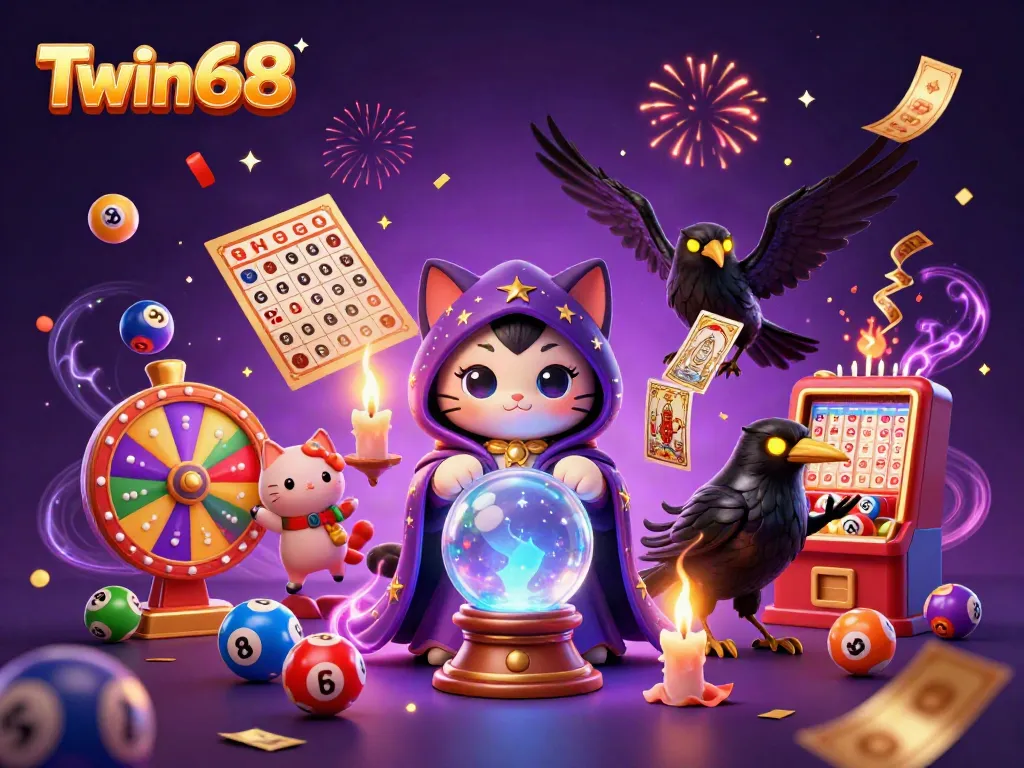 Twin68 engages players with vibrant lottery elements and mystical characters in a colorful casino illustration.