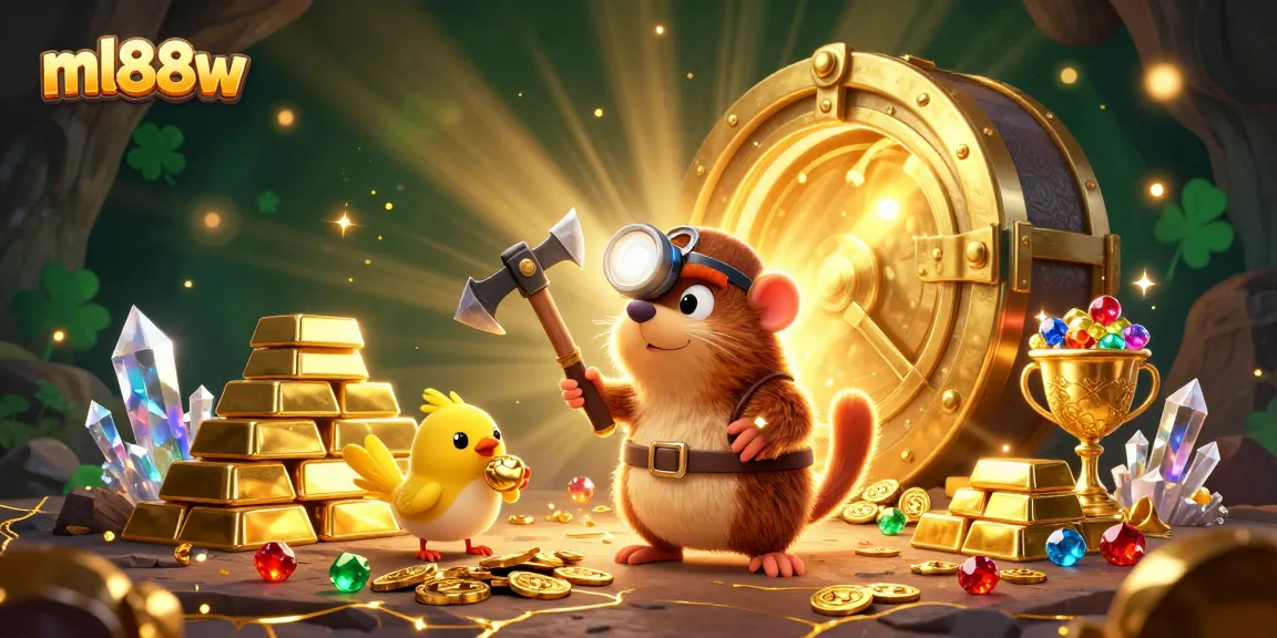 Sparkle and win at ml88w with treasure hunter exploring a vibrant golden cave full of gems.