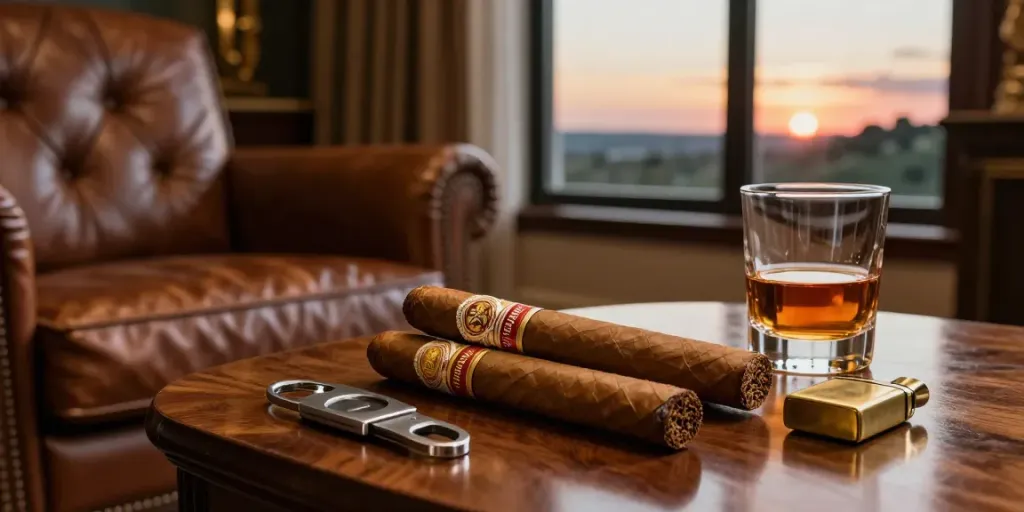 Havanna Zigarren auf einem eleganten Tisch mit Whiskey und Zubehör in einer gemütlichen Lounge-Umgebung.