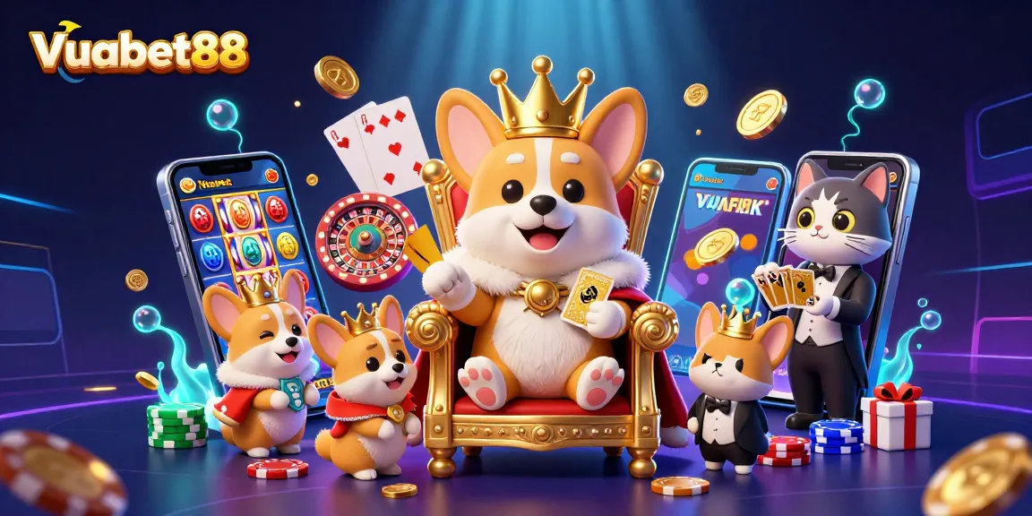 Engage in thrilling gameplay at Vuabet88, featuring a royal corgi and vibrant casino elements.