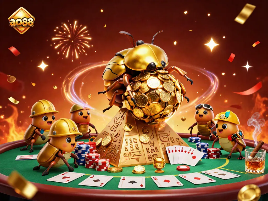 Engaging ao88 scene with golden dung beetles rolling coins at a vibrant casino pyramid.